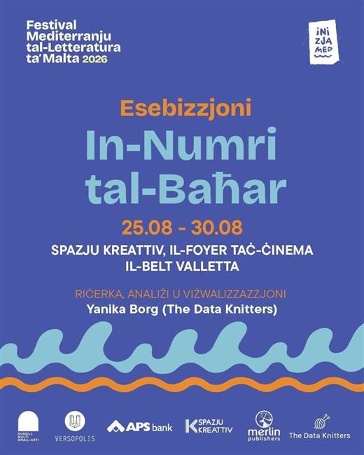 In-Numri tal-Baħar exhibition poster for Festival Mediterranju tal-Letteratura ta' Malta 2026 at Spazju Kreattiv